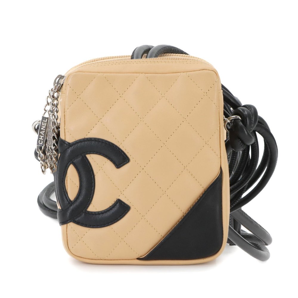 Chanel Cambon Small Pochette Shoulder Bag Beige Black Leather A25177